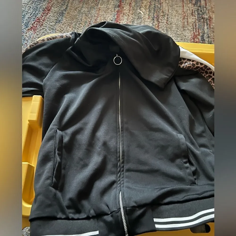 Kidpik track jacket with zipper closure front and leopard and stripe detailing